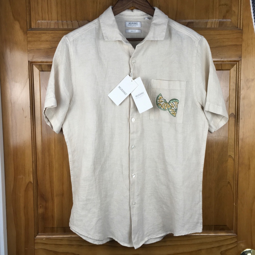 Murano Baird McNutt Linen Blend Slim Fit Shirt Mens L Cream Coastal Casual Luxe